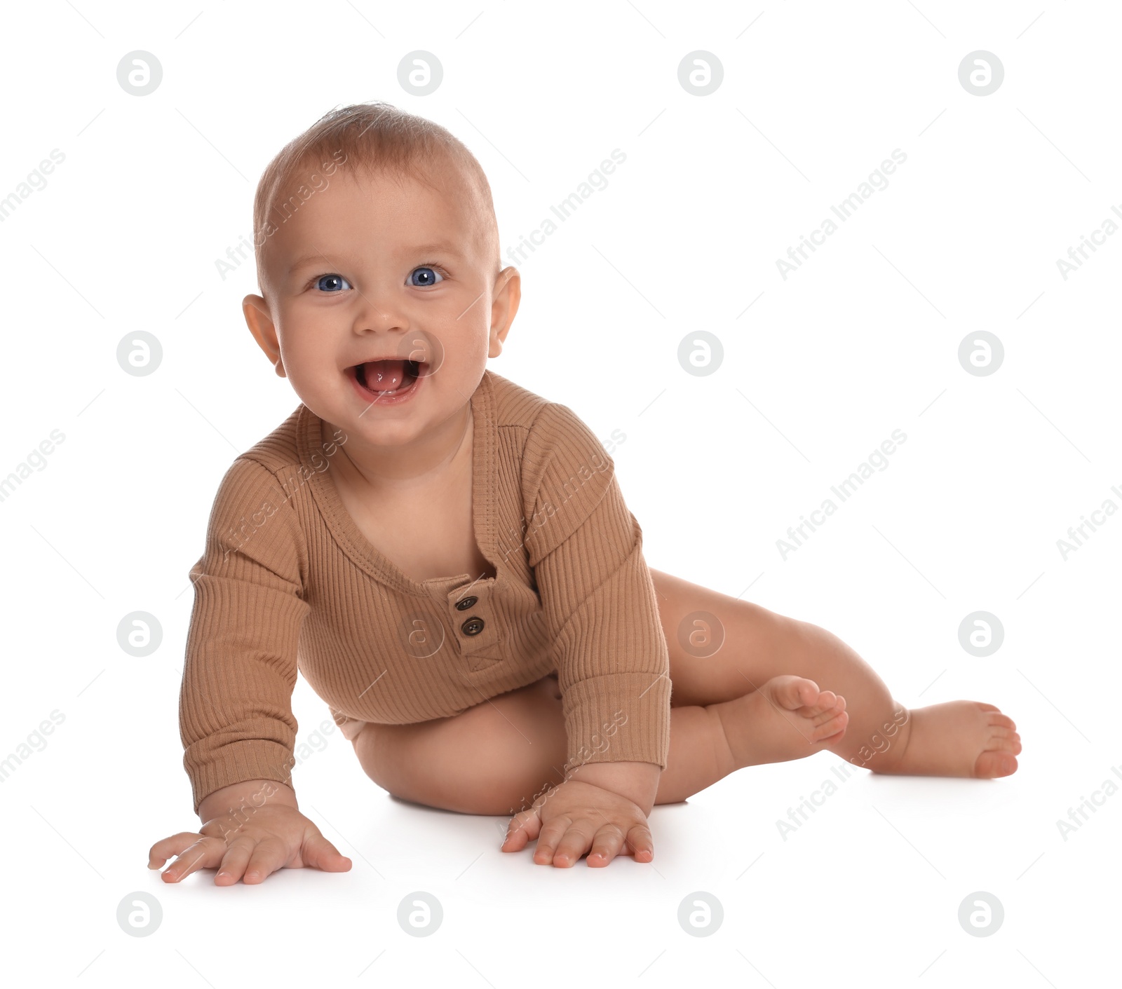 Photo of Cute little baby crawling on white background