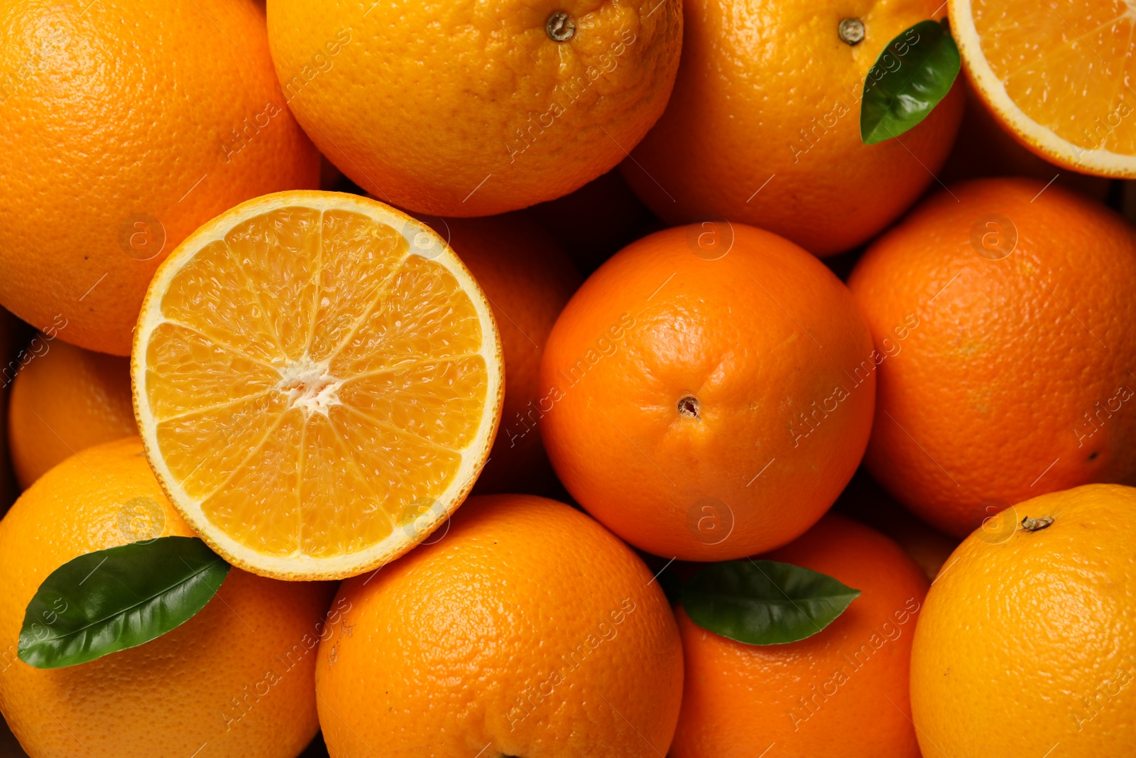 Photo of Many ripe oranges and green leaves as background, top view