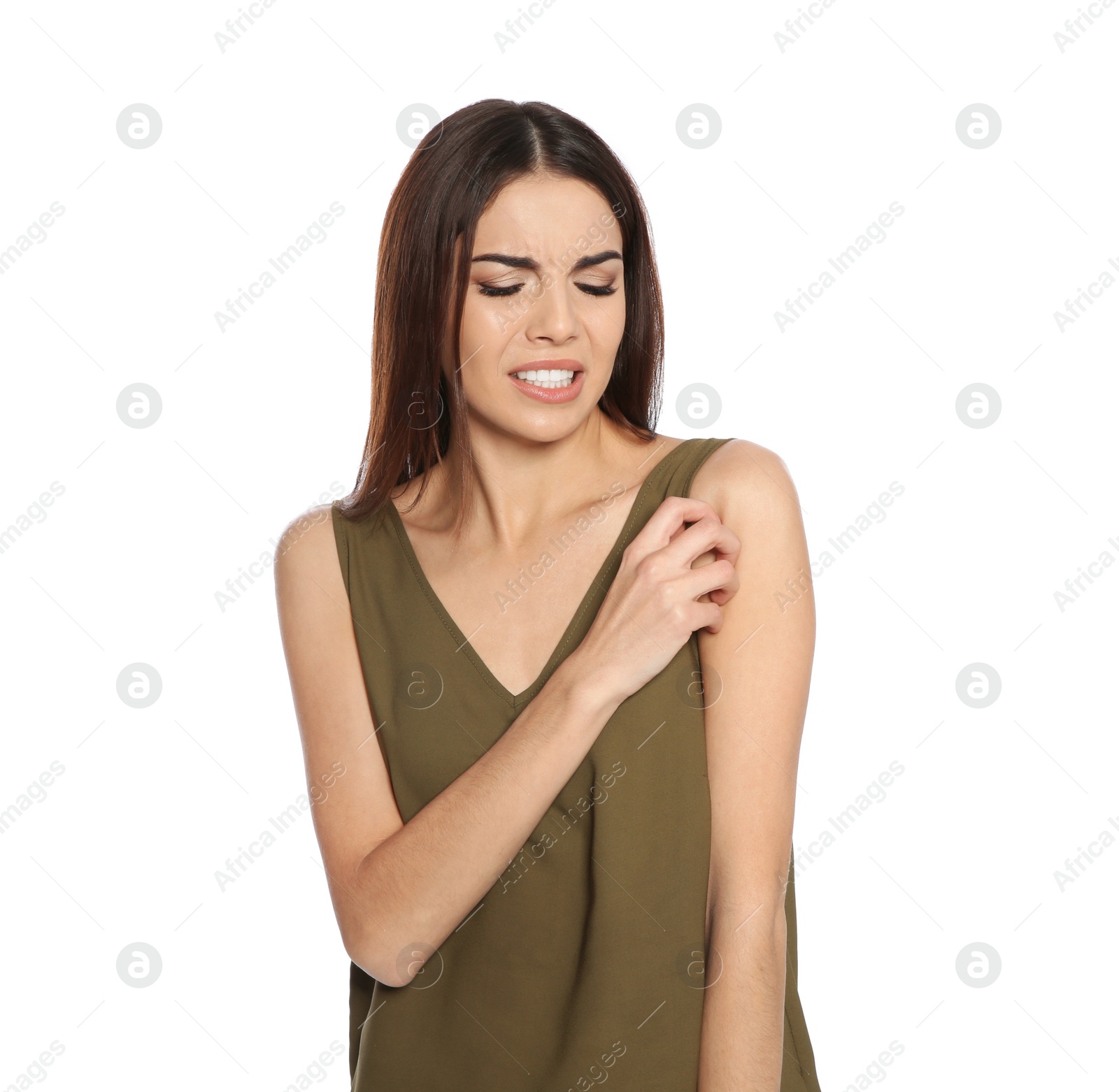 Photo of Young woman scratching skin on white background. Annoying itch