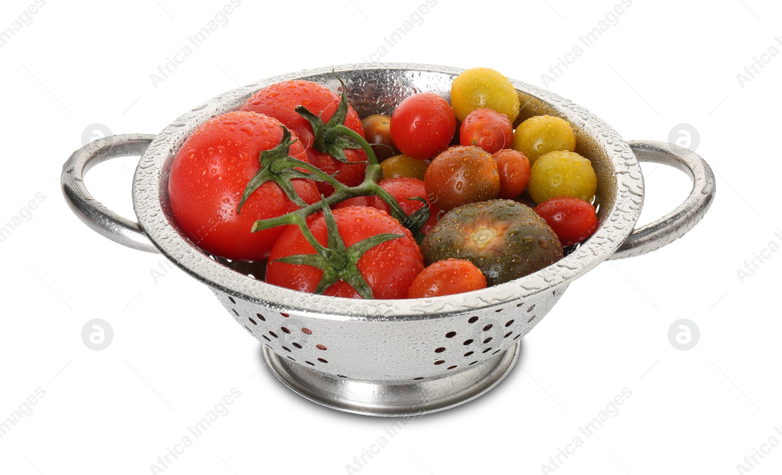 Photo of Metal colander with fresh tomatoes isolated on white