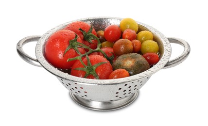 Photo of Metal colander with fresh tomatoes isolated on white