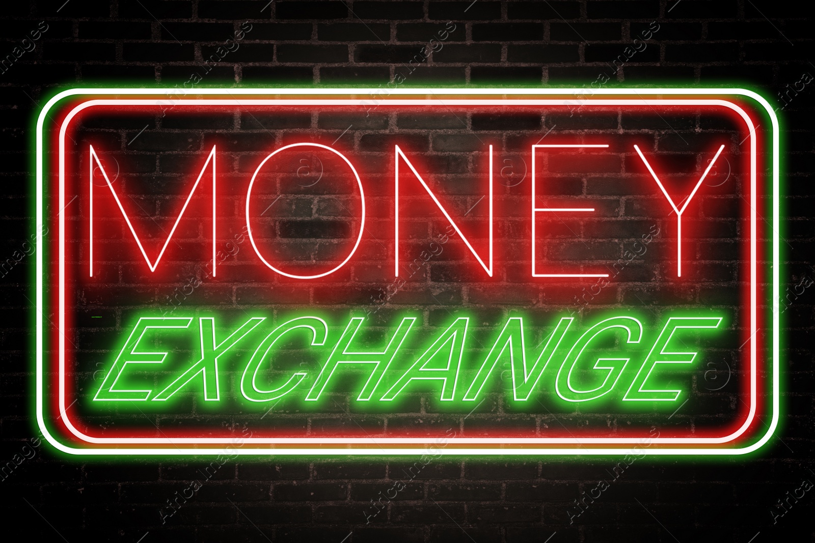 Image of Money Exchange neon sign on brick wall. Bright frame with text