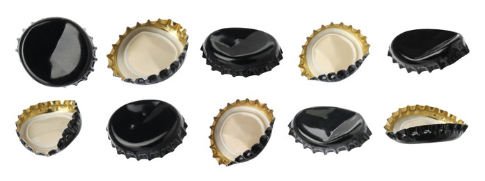 Image of Black beer bottle caps isolated on white, set