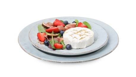 Photo of Delicious salad with brie cheese, prosciutto, strawberries and blueberries on white background