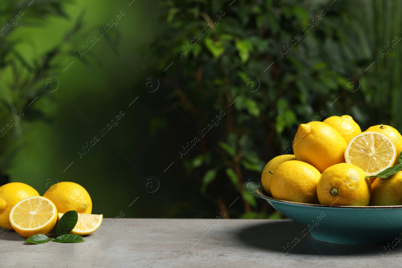 Photo of Fresh lemons and green leaves on grey table outdoors. Space for text