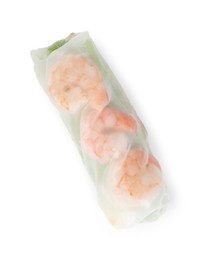 Tasty spring roll with shrimps isolated on white, top view