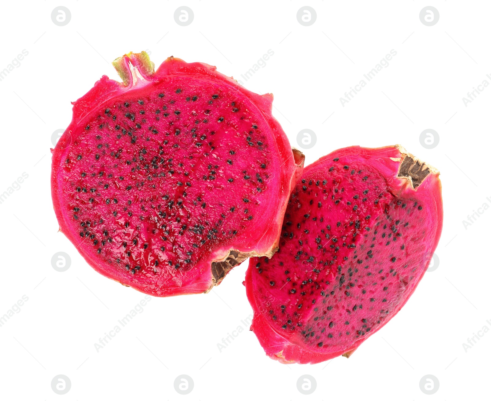 Photo of Delicious cut red pitahaya fruit on white background, top view