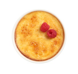 Photo of Delicious creme brulee with fresh raspberries isolated on white, top view
