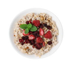 Oatmeal with freeze dried strawberries and mint isolated on white, top view