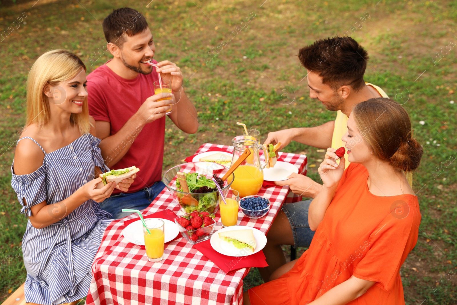 Photo of Group of people having picnic at table in park on summer day