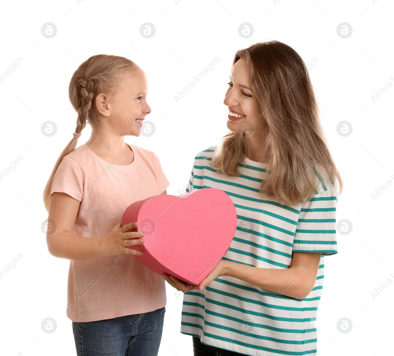 Photo of Little daughter congratulating her mom on white background. Happy Mother's Day