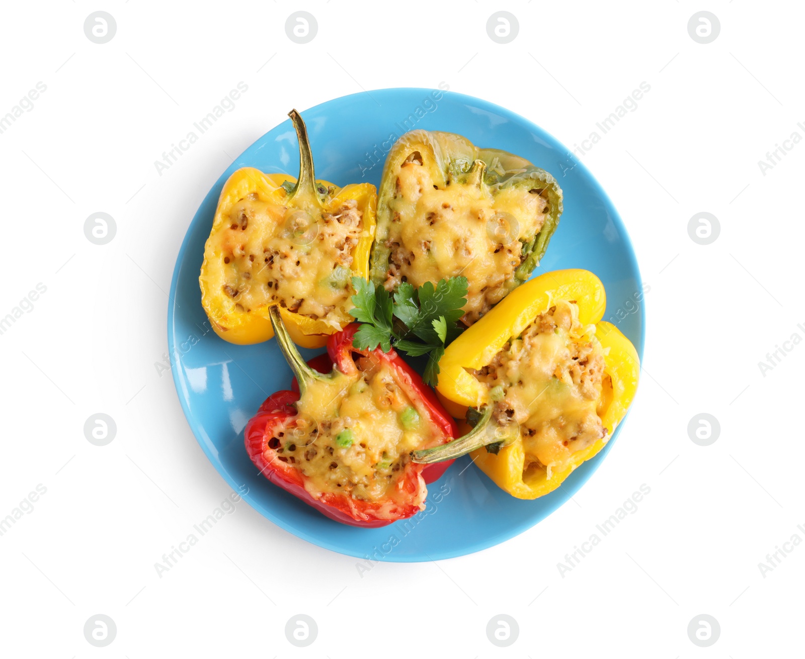 Photo of Tasty stuffed bell peppers isolated on white, top view