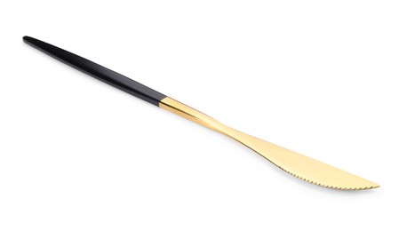 Photo of One shiny golden knife with black handle isolated on white