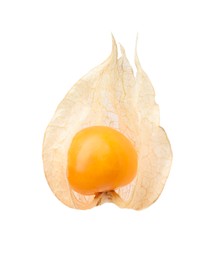 Photo of Ripe physalis fruit with calyx isolated on white