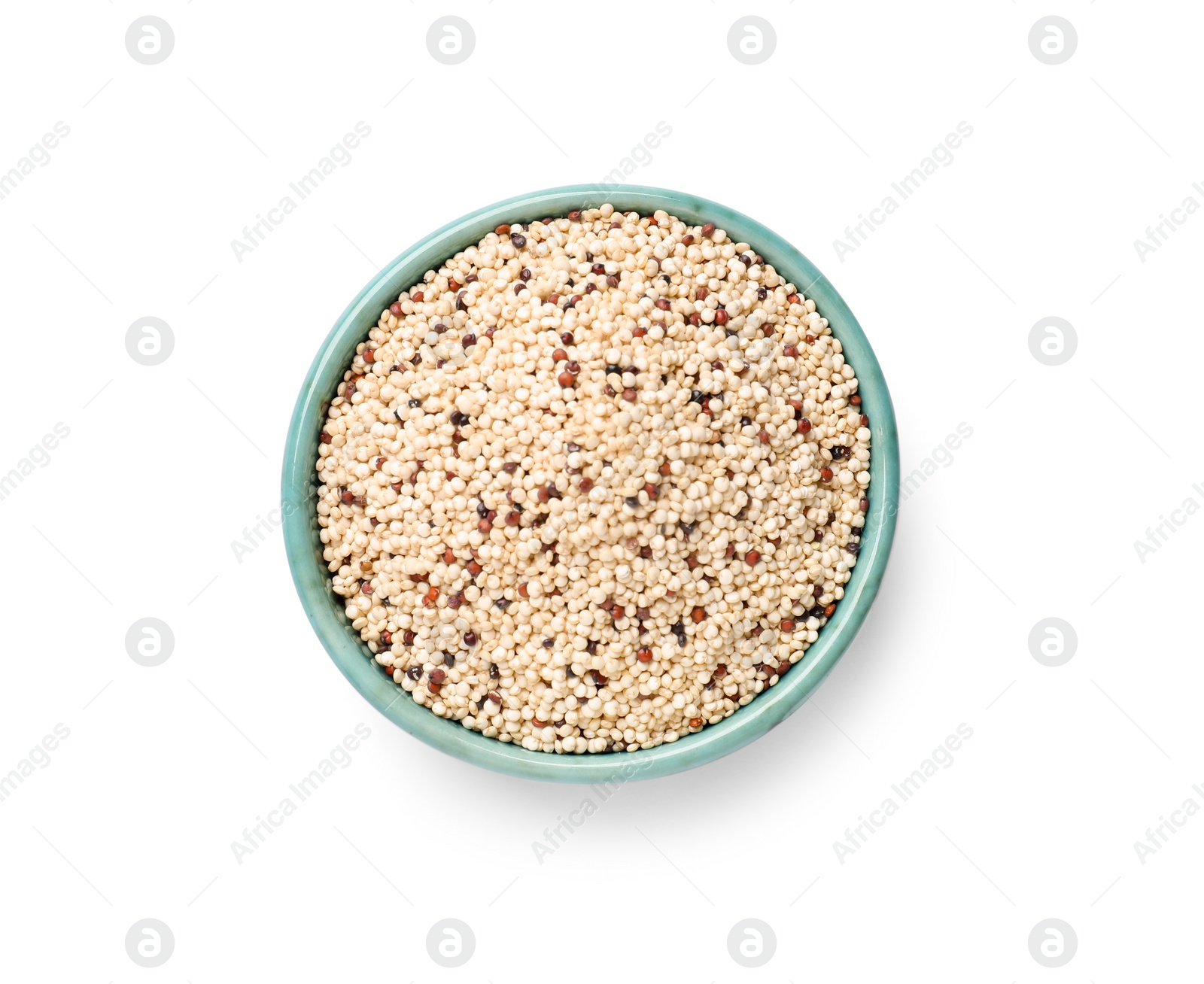 Photo of Raw quinoa seeds in bowl isolated on white, top view