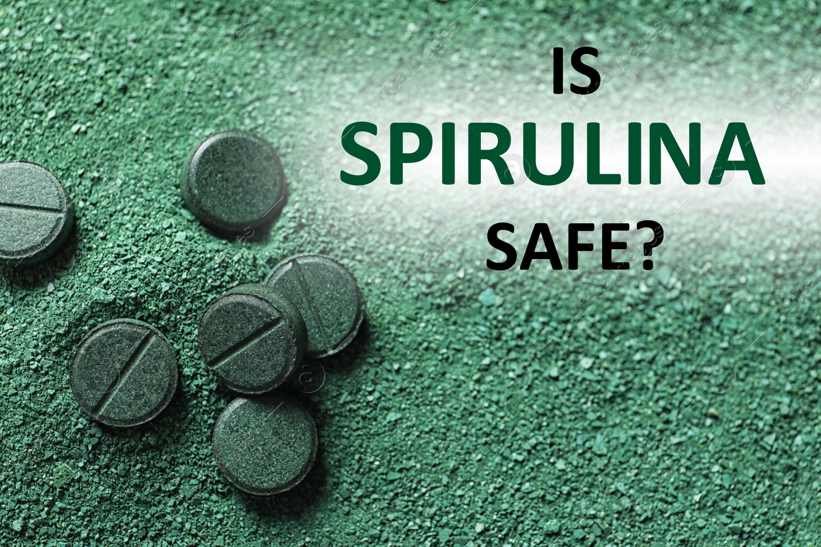 Image of Natural green spirulina powder and pills as background, closeup. Side effects 