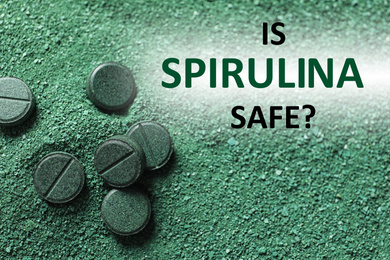 Image of Natural green spirulina powder and pills as background, closeup. Side effects 