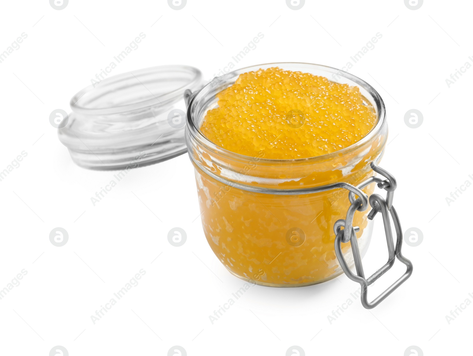 Photo of Fresh pike caviar in glass jar isolated on white