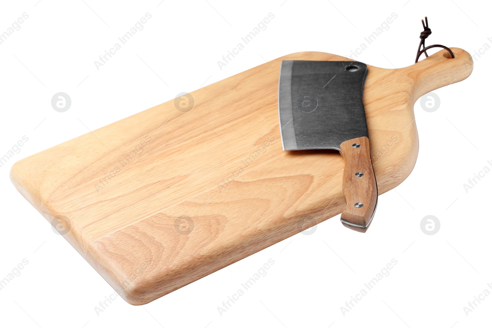 Photo of Cleaver knife and wooden board isolated on white