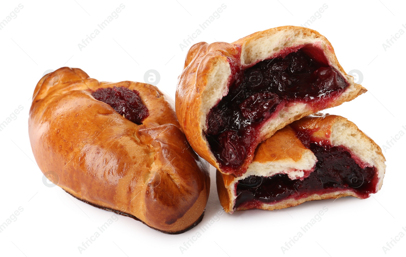 Photo of Delicious baked patties with cherry on white background