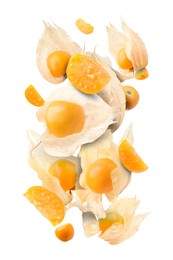 Ripe orange physalis fruits with calyx falling on white background