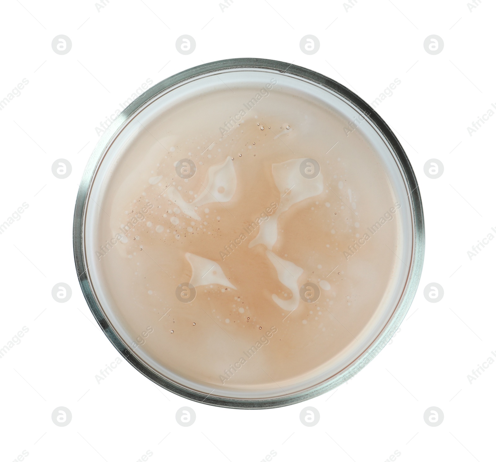 Photo of Petri dish with beige liquid isolated on white, top view