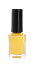 Photo of Yellow nail polish in bottle isolated on white