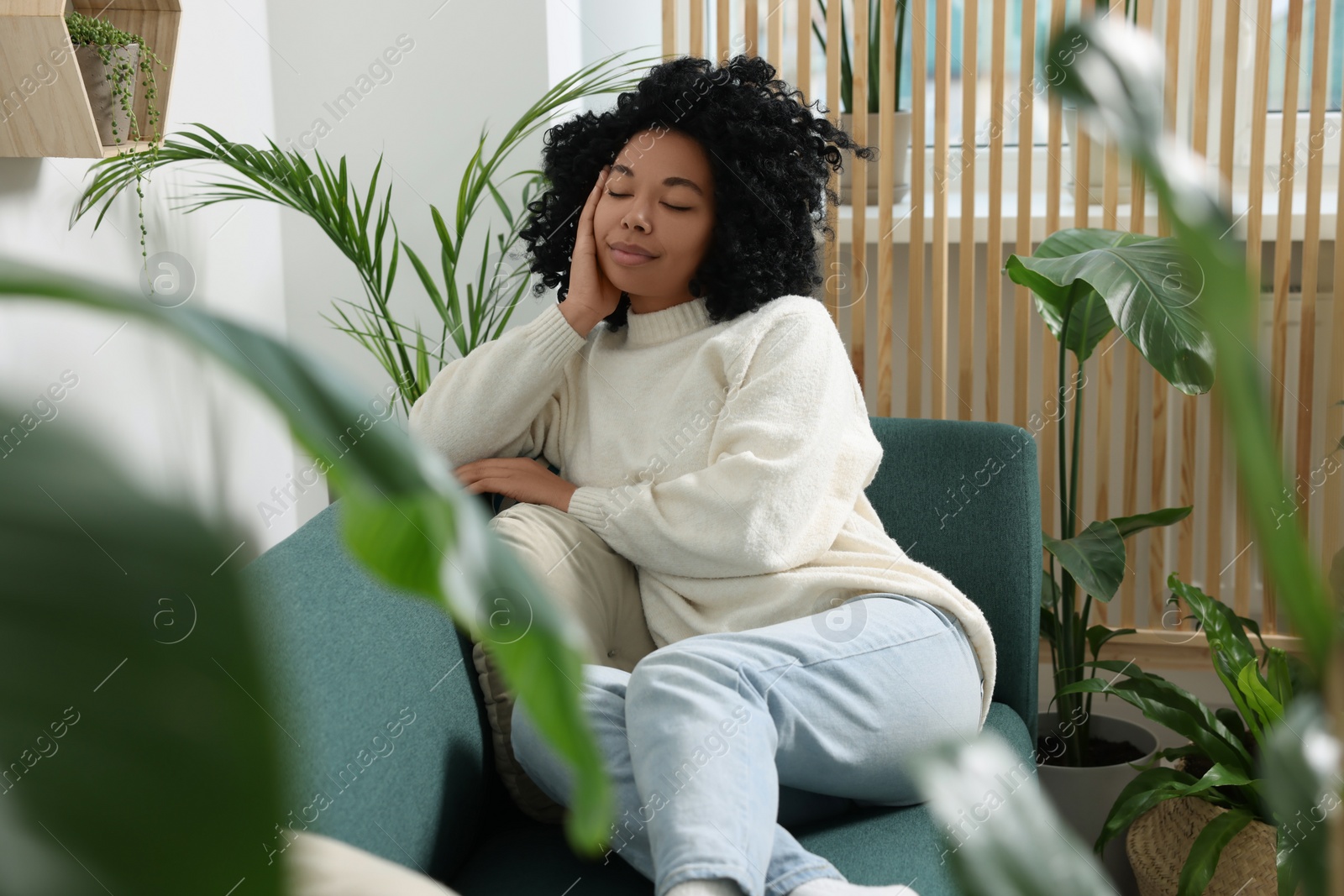 Photo of Woman relaxing on sofa near beautiful houseplants at home