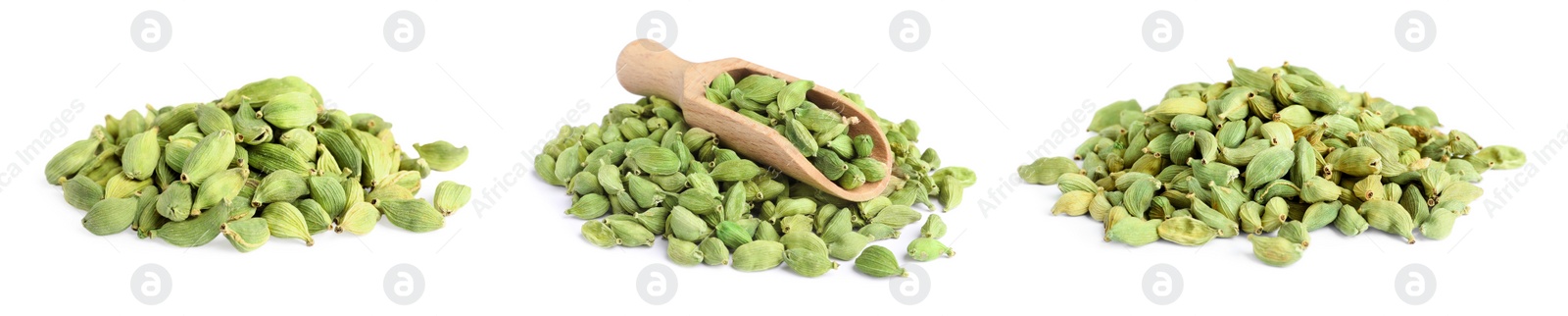 Image of Set with cardamom seeds on white background. Banner design