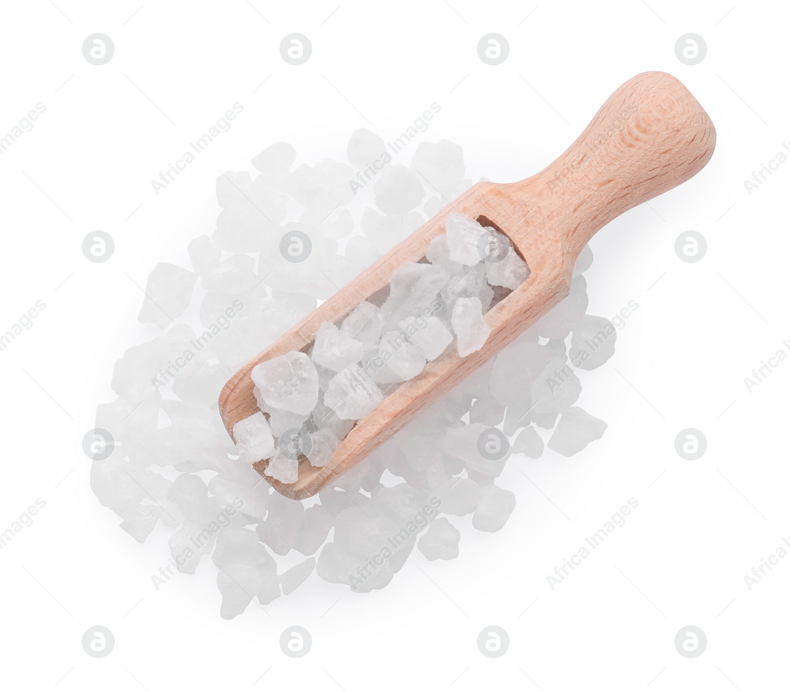 Photo of Natural sea salt and wooden scoop isolated on white, top view