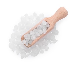 Photo of Natural sea salt and wooden scoop isolated on white, top view