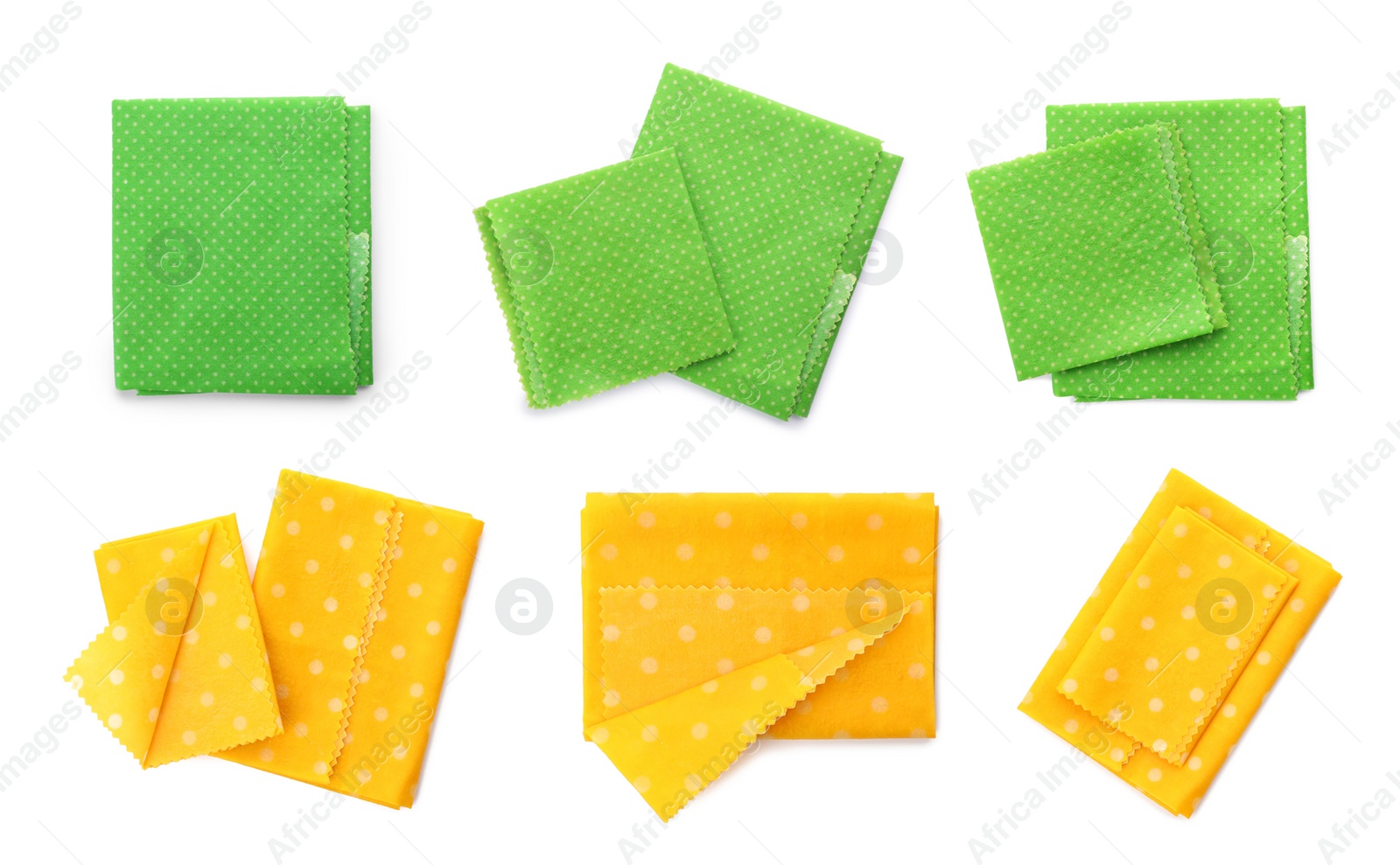 Image of Set of beeswax food wraps on white background, top view