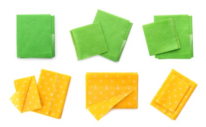 Set of beeswax food wraps on white background, top view