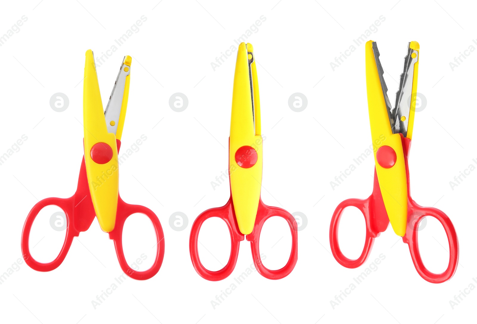 Image of Set of craft scissors on white background, top view