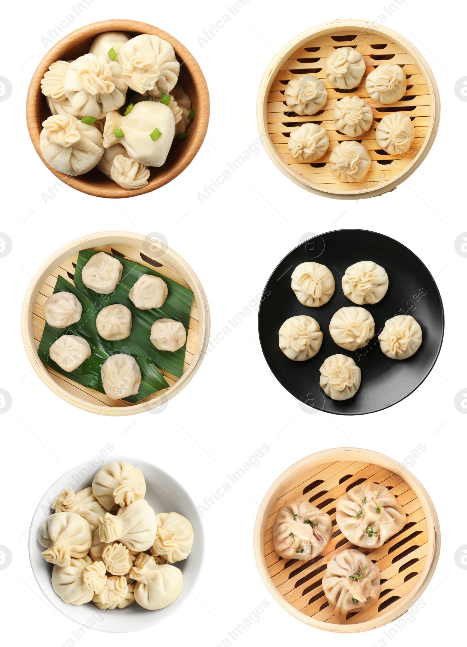 Image of Set of tasty dumplings isolated on white, top view