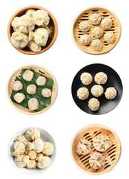 Image of Set of tasty dumplings isolated on white, top view