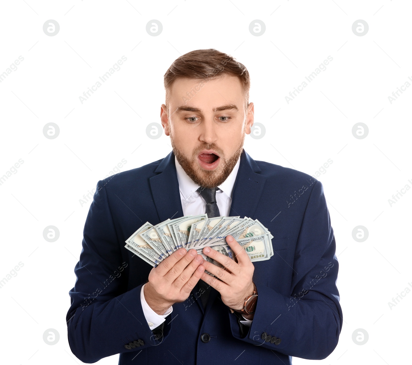 Photo of Portrait of young businessman holding money banknotes on white background