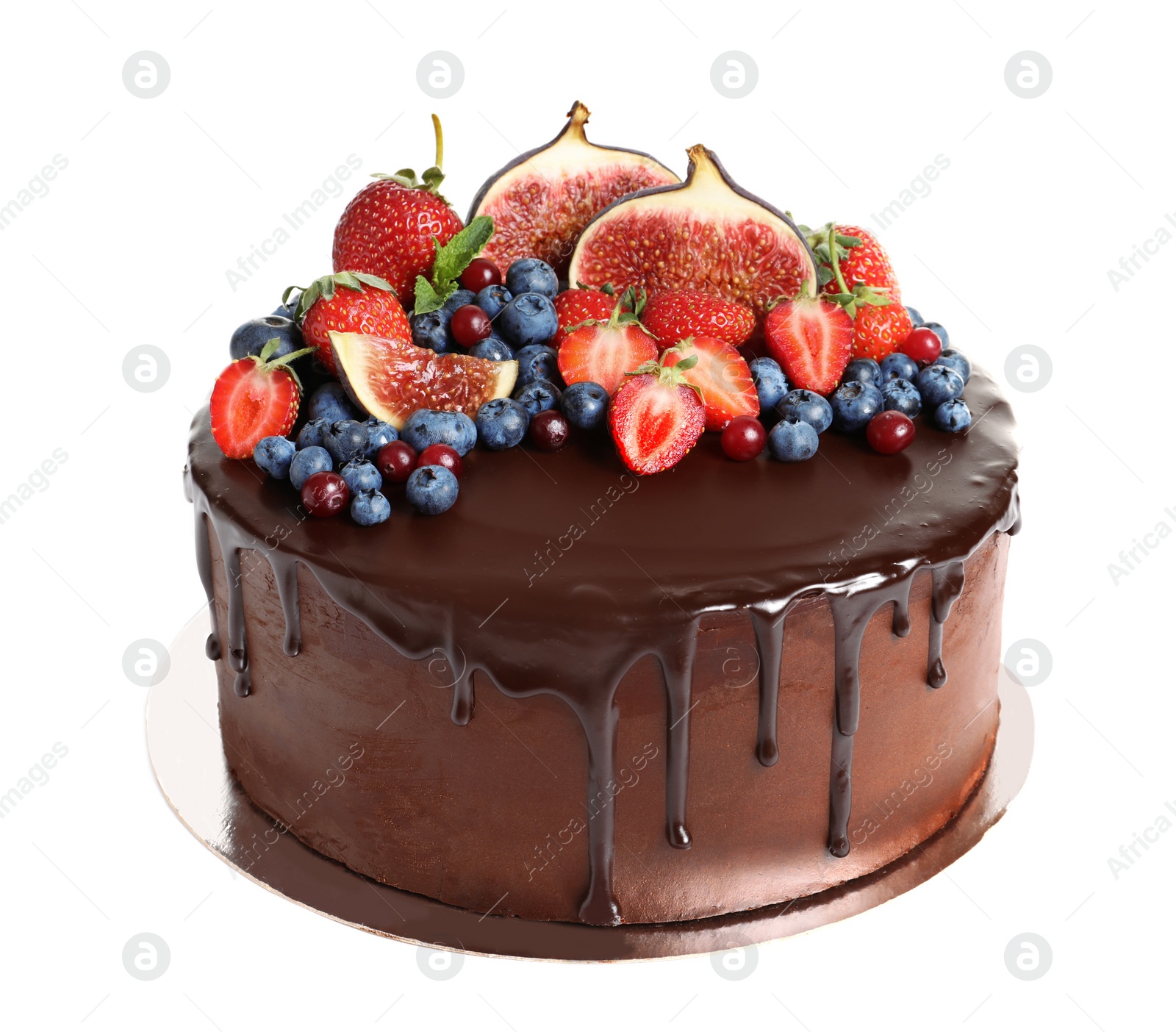 Photo of Fresh delicious homemade chocolate cake with berries on white background