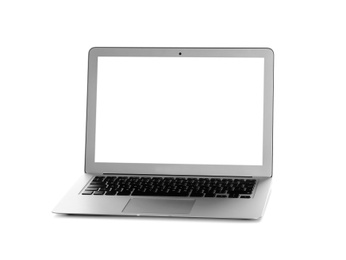 Photo of Modern laptop monitor on white background, mock up with space for text