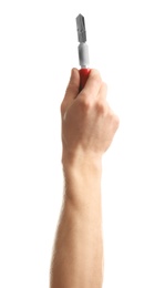 Man holding construction knife on white background. Tools and equipment