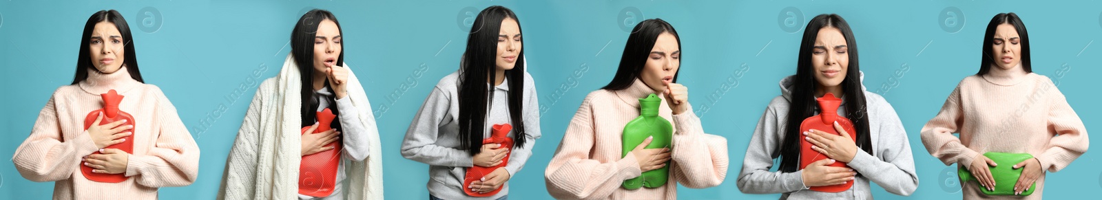 Image of Woman with hot water bottle on light blue background, collage. Banner design  