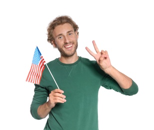 Photo of Young man with American flag on white background