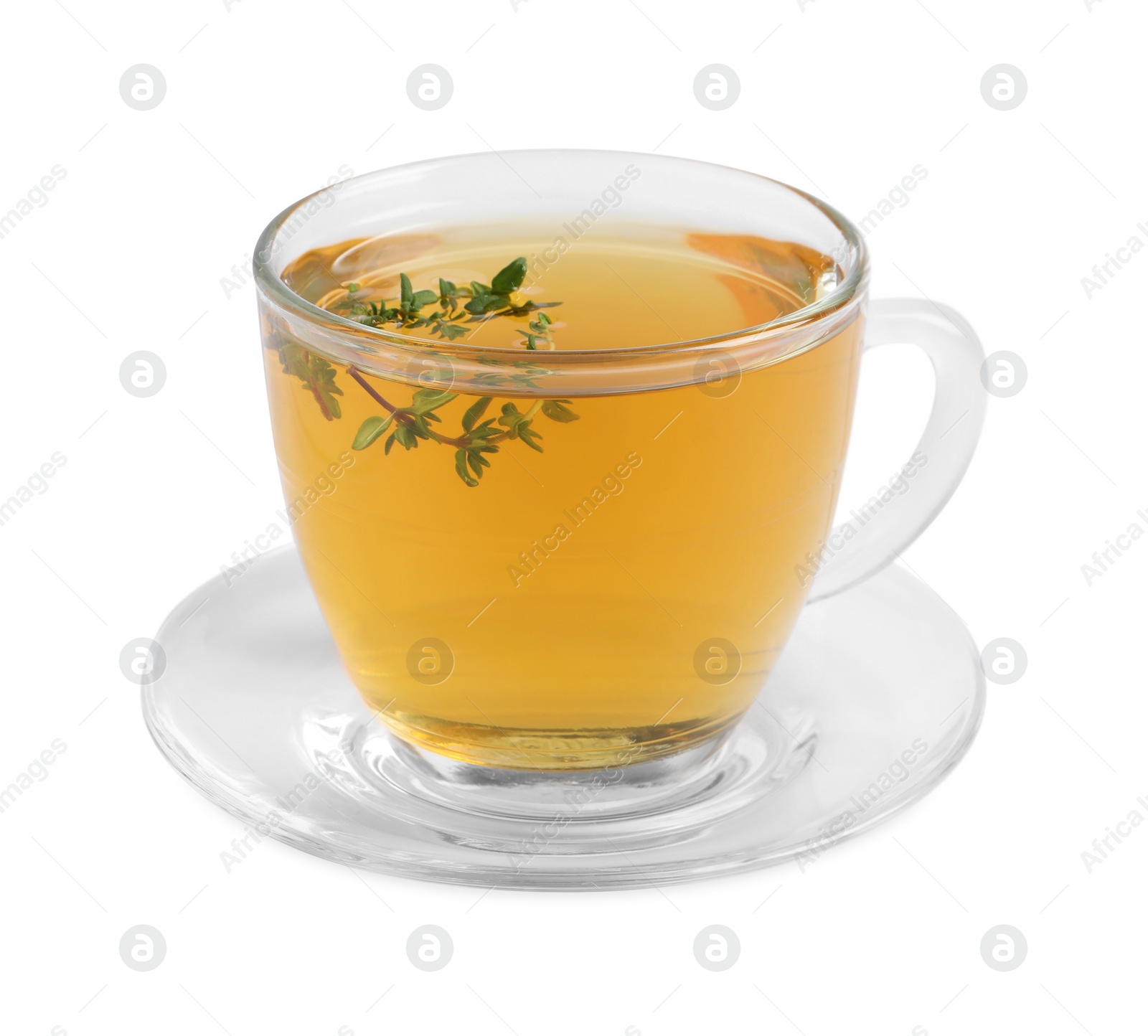 Photo of Aromatic herbal tea with thyme isolated on white