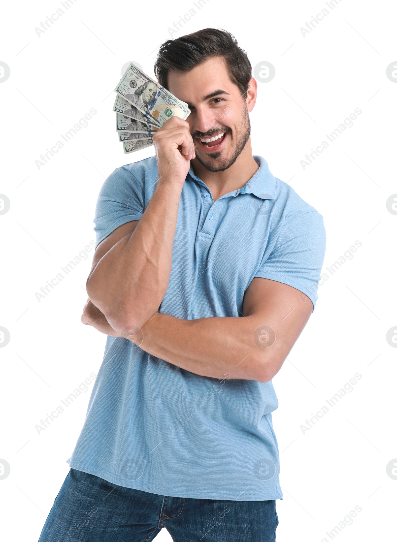 Photo of Handsome young man with dollars on white background