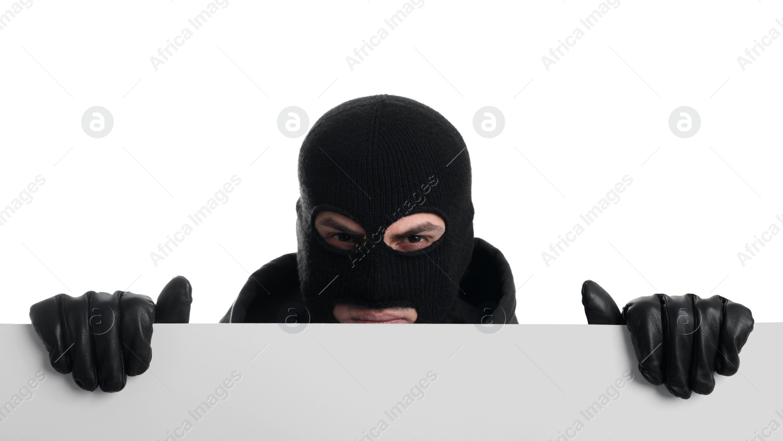 Photo of Man wearing black balaclava on white background