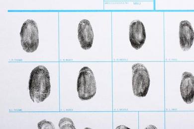 Fingerprint record sheet, top view. Criminal investigation