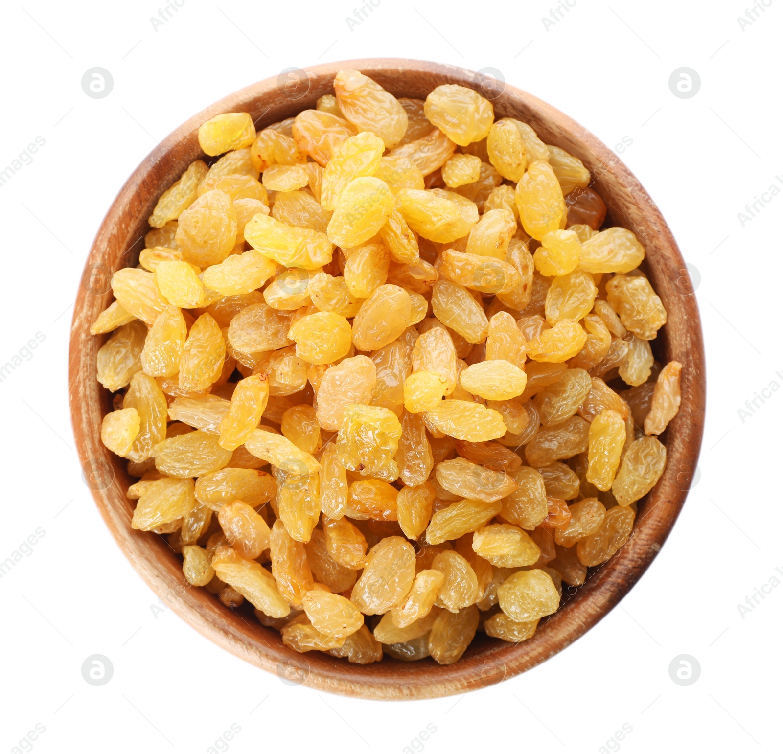 Photo of Bowl with dried golden raisins isolated on white, top view. Healthy nutrition with fruits