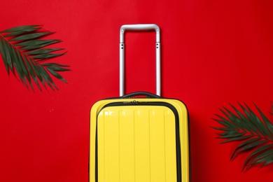 Photo of Stylish suitcase and exotic leaves on color background, flat lay
