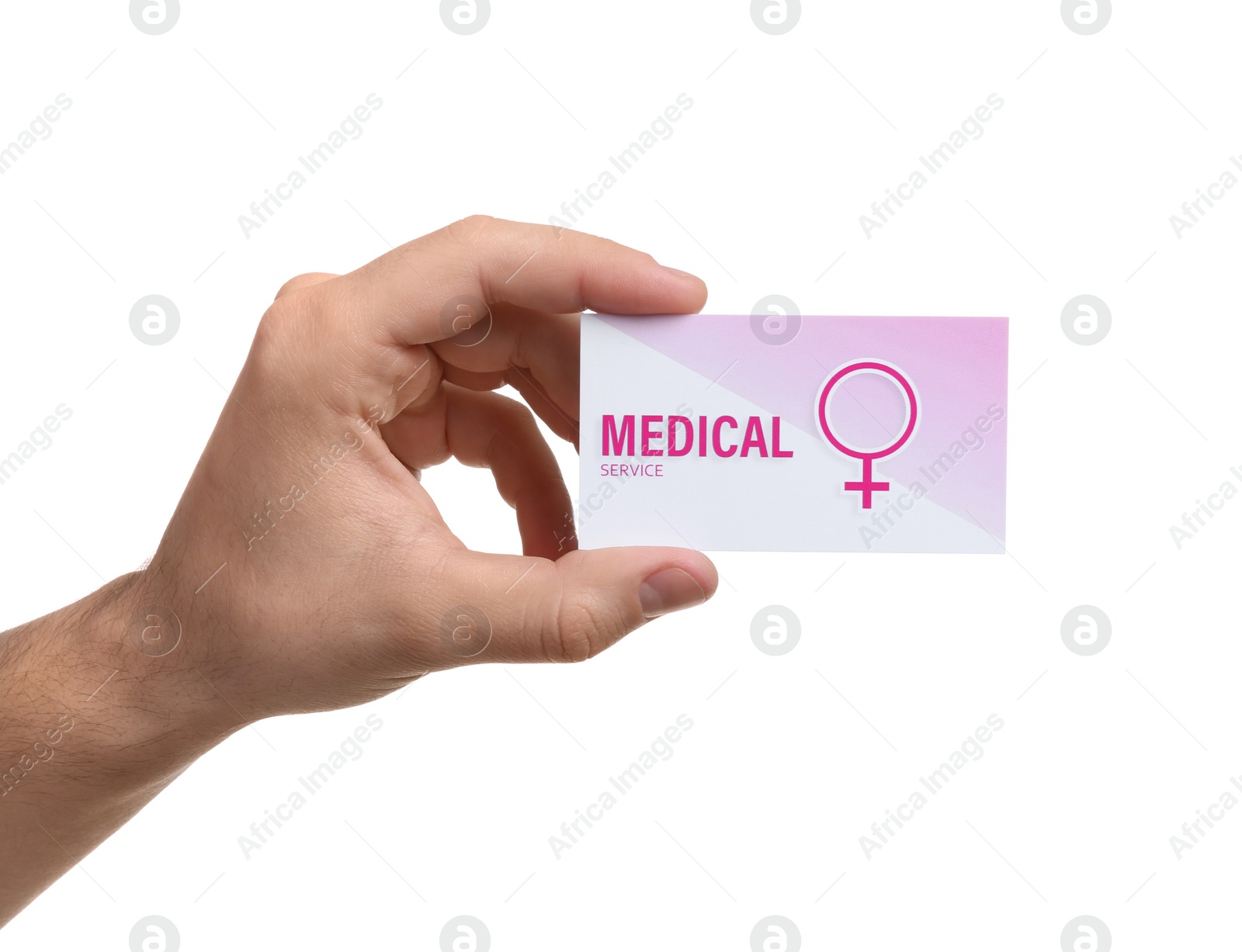 Photo of Man holding medical business card isolated on white, closeup. Women's health service