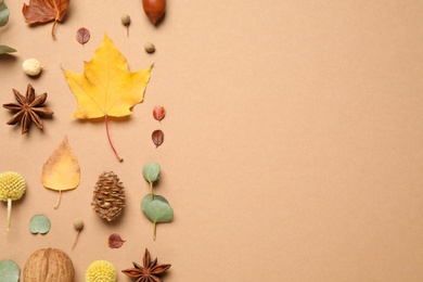 Flat lay composition with autumn leaves on beige background, space for text